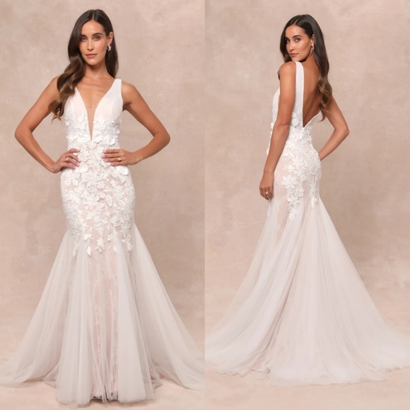 Exceptional Vow White Tulle Lace Applique Mermaid Maxi Dress S Wedding Chic NWT